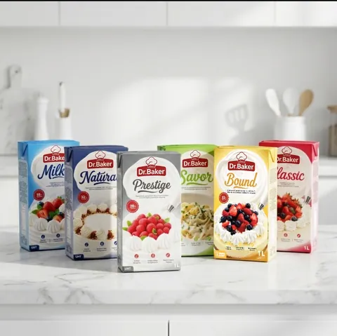 Dr.Baker liquid whipping cream Tetra Pack cartons on a kitchen counter